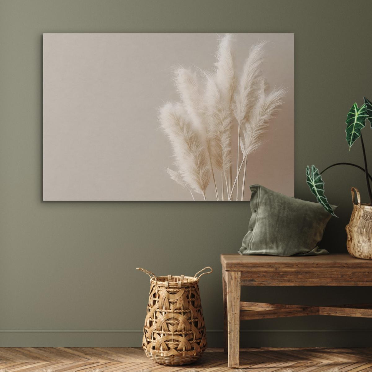AKUSTIKBILD Pampasgras - Federn - Pastell - Weiß Wandbild Wohnzimmer 100x70 cm - Naturfarben, Kunststoff (100/70/0.9cm) - MuchoWow