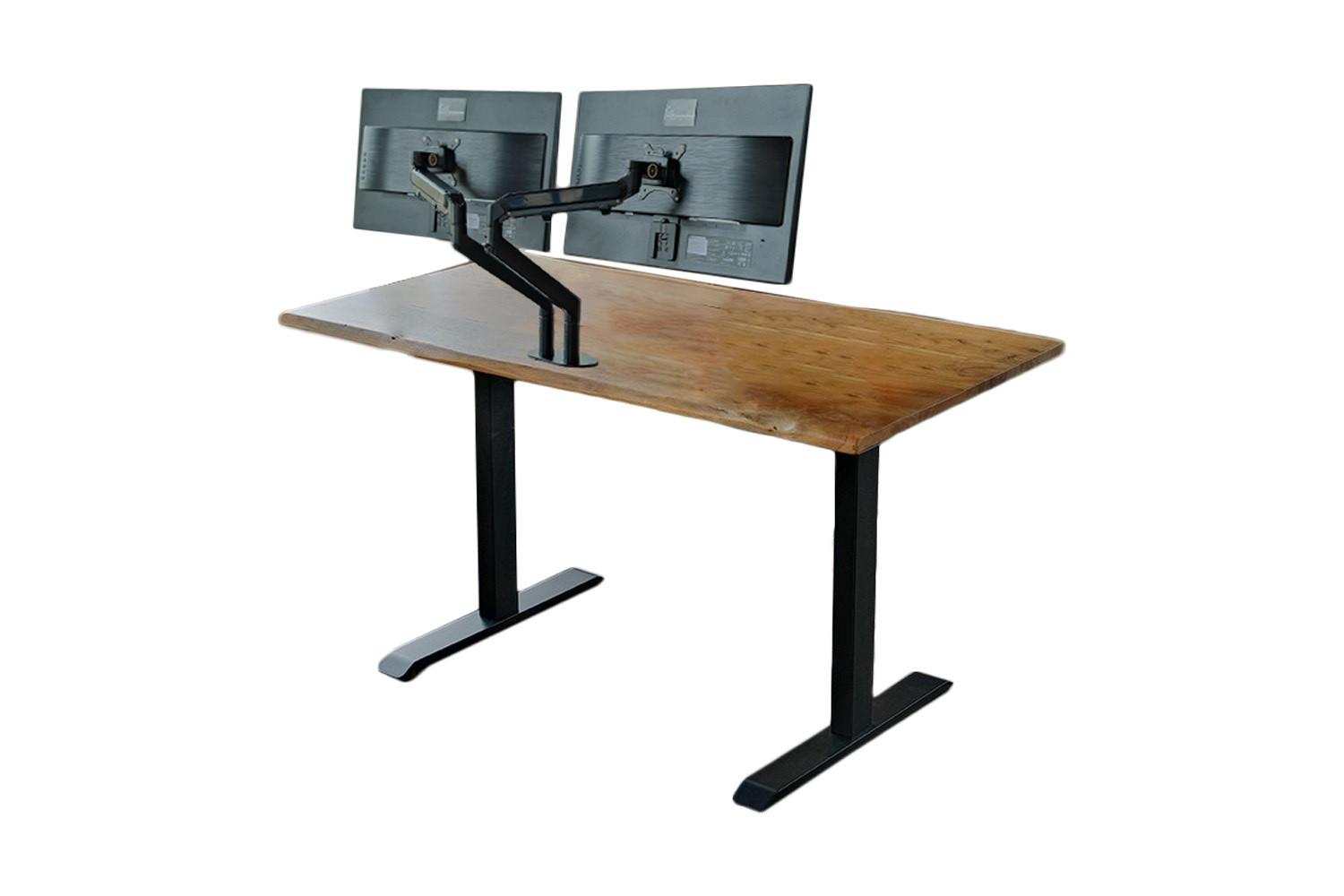 SCHREIBTISCH MIT MONITORHALTERUNG LORA elektrisch höhenverstellbar Holz Akazie - Zwetschgeholzfarben/Schwarz, Holz (90/180/72cm) - KAWOLA