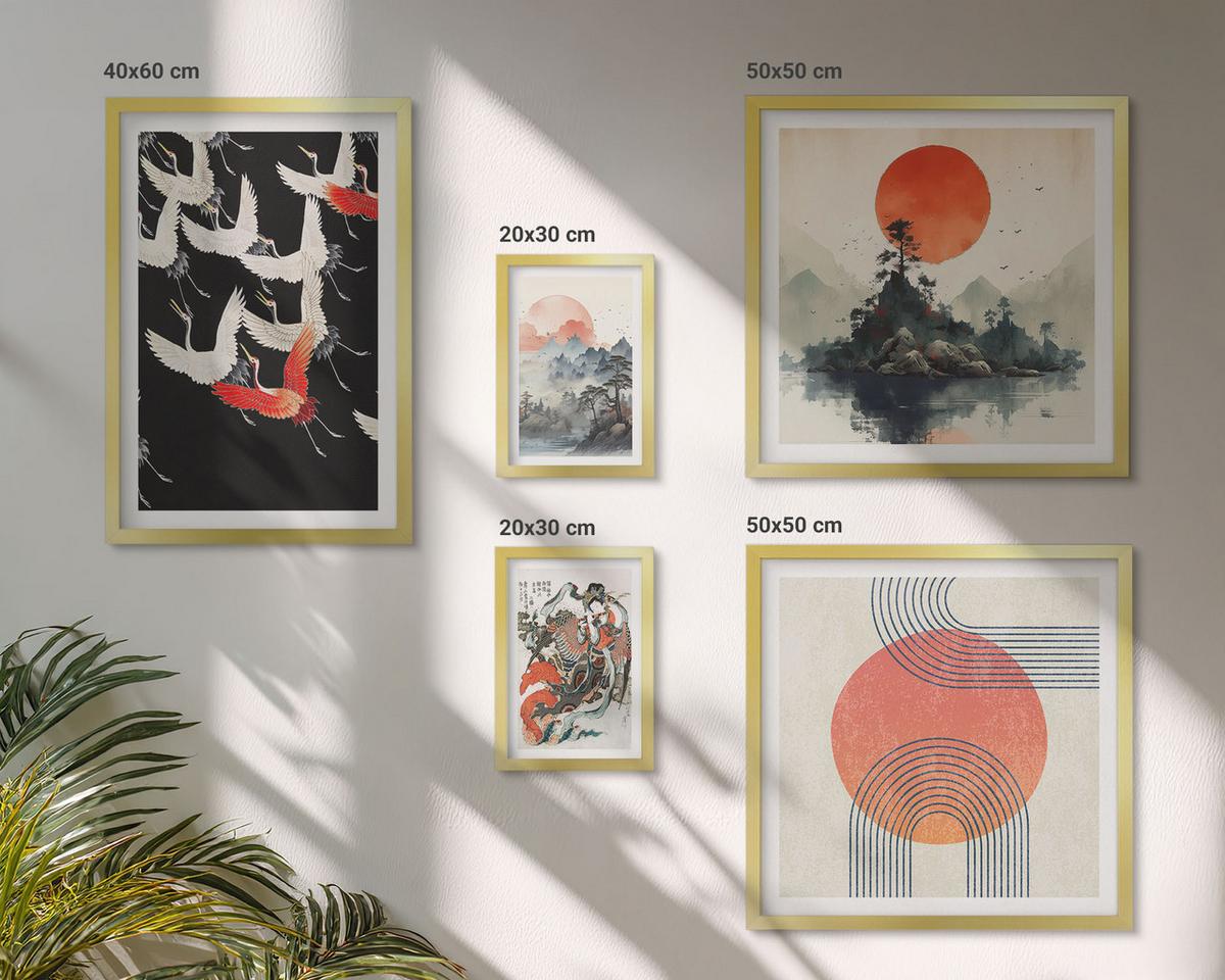 BILDER SET 5er Set - 50x50 cm & 20x30 cm & 40x60 cm Goldrahmen - Asiatische Landschaften Japandi - Goldfarben, Kunststoff (40/60cm) - TULUP