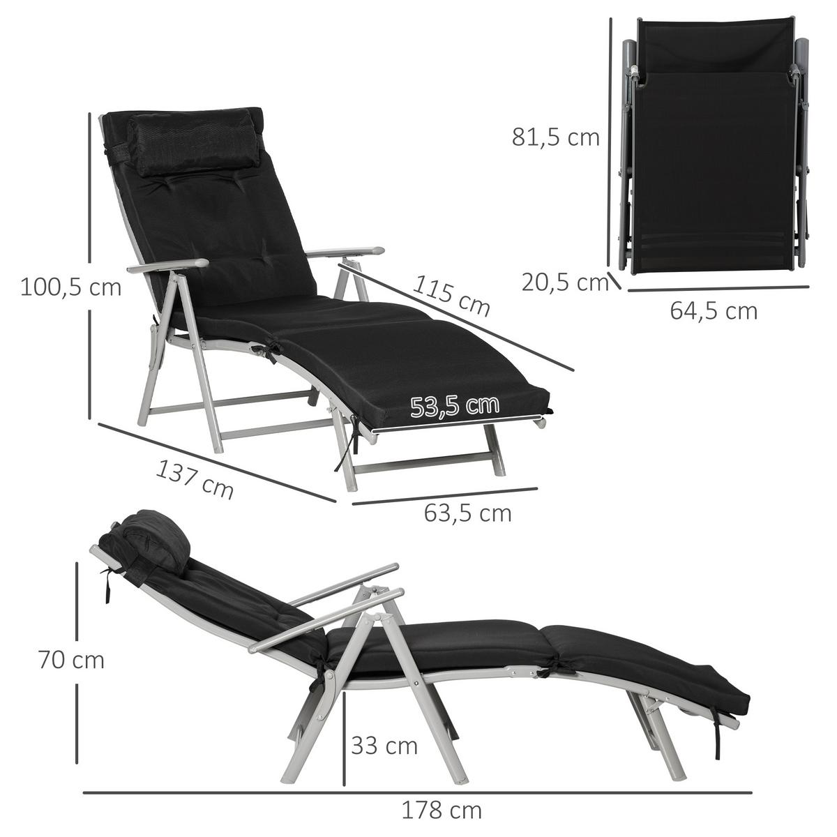 SONNENLIEGE, klappbar mit Kissen, Metall+Stoff, Schwarz, 137 x 63,5 x 100,5 cm - Multicolor, Metall (63.5/100.5/137cm) - Outsunny