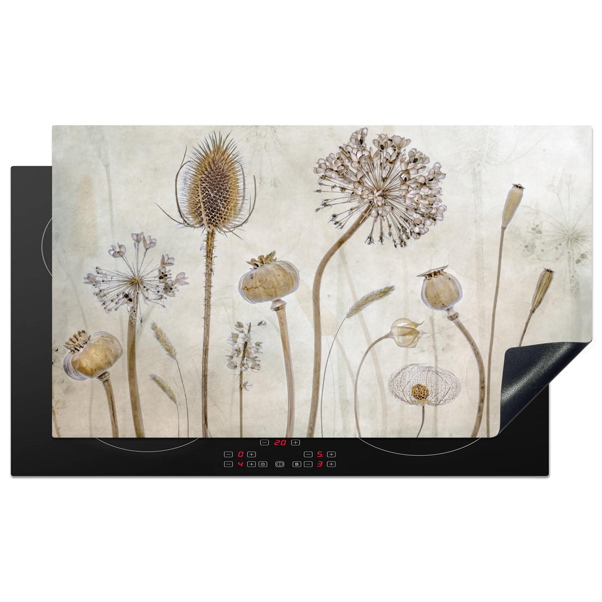 HERDABDECKPLATTE Blumen - Aquarell - Stilleben - Braun - Vintage Induktionsschutz 91.2x52 cm - Sandfarben, Kunststoff (91.2/52/0.2cm) - MuchoWow