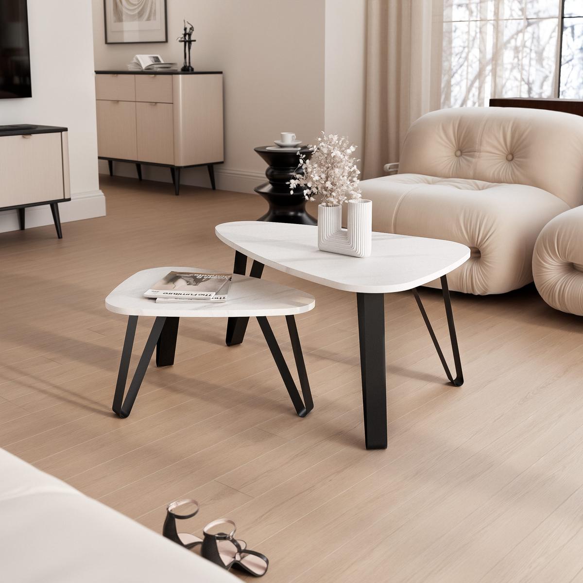 SATZTISCH NOA Stahlgestell, Freiform, Schwarz / Bianco Marmor - Perlmutt/Schwarz, Holzwerkstoff/Metall (94/60/42cm) - Idohome