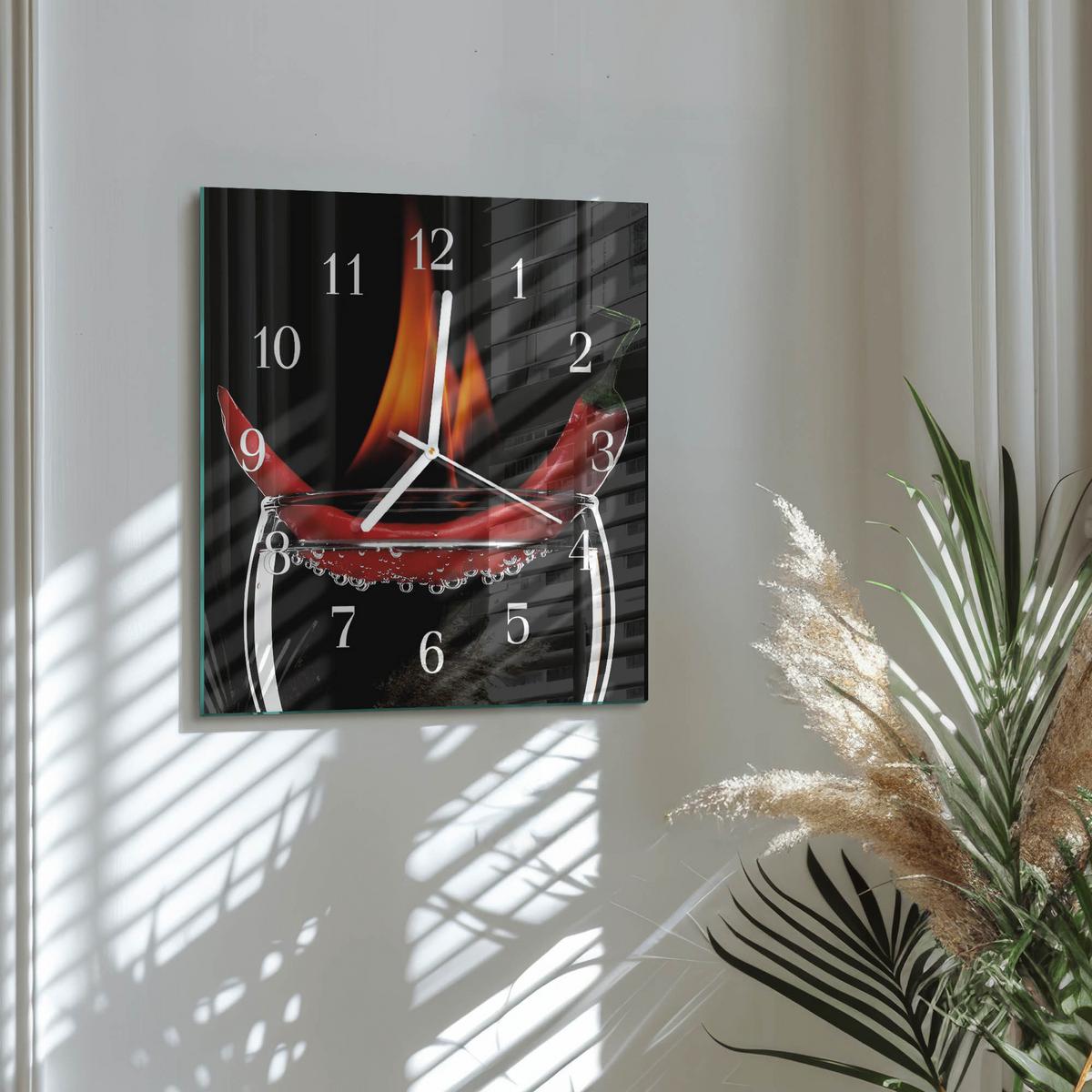 WANDUHR aus Glas 30x30 cm - Chili-Feuer - Rot, Glas (30/30/0.4cm) - TULUP