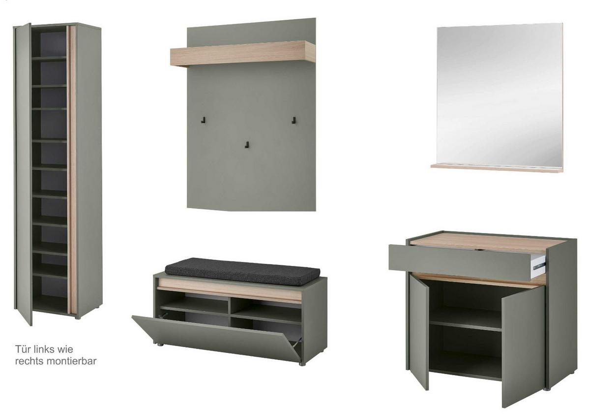 GARDEROBE Komplett-Set 6-teilig in Salbei und Eiche, Flurgarderobe mit viel Stauraum, inkl. Sitzkissen - Salbeigrün/Eichefarben, Glas/Holz (260/200/40cm) - Furn.Design