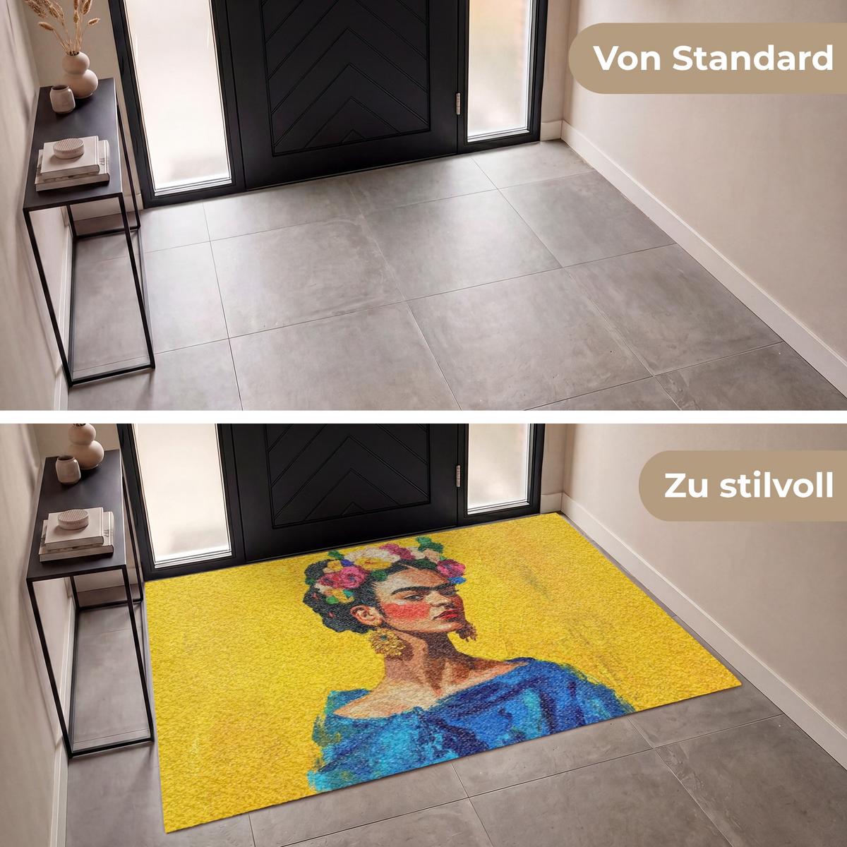 FUSSMATTE Frida Kahlo - Frau - Gelb - Blau - Blumen Schmutzfangmatte 180x120 cm - Gelb, Kunststoff (180/0.4cm) - MuchoWow