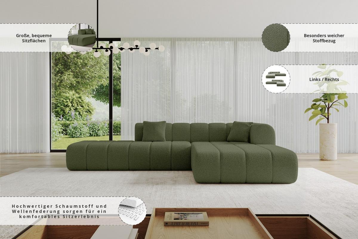 ECKSOFA Ottomane Rechts BILA-L 289x176x71 Grün Bouclé - Schwarz/Grün, Holzwerkstoff/Kunststoff (289/176cm) - ALTDECOR