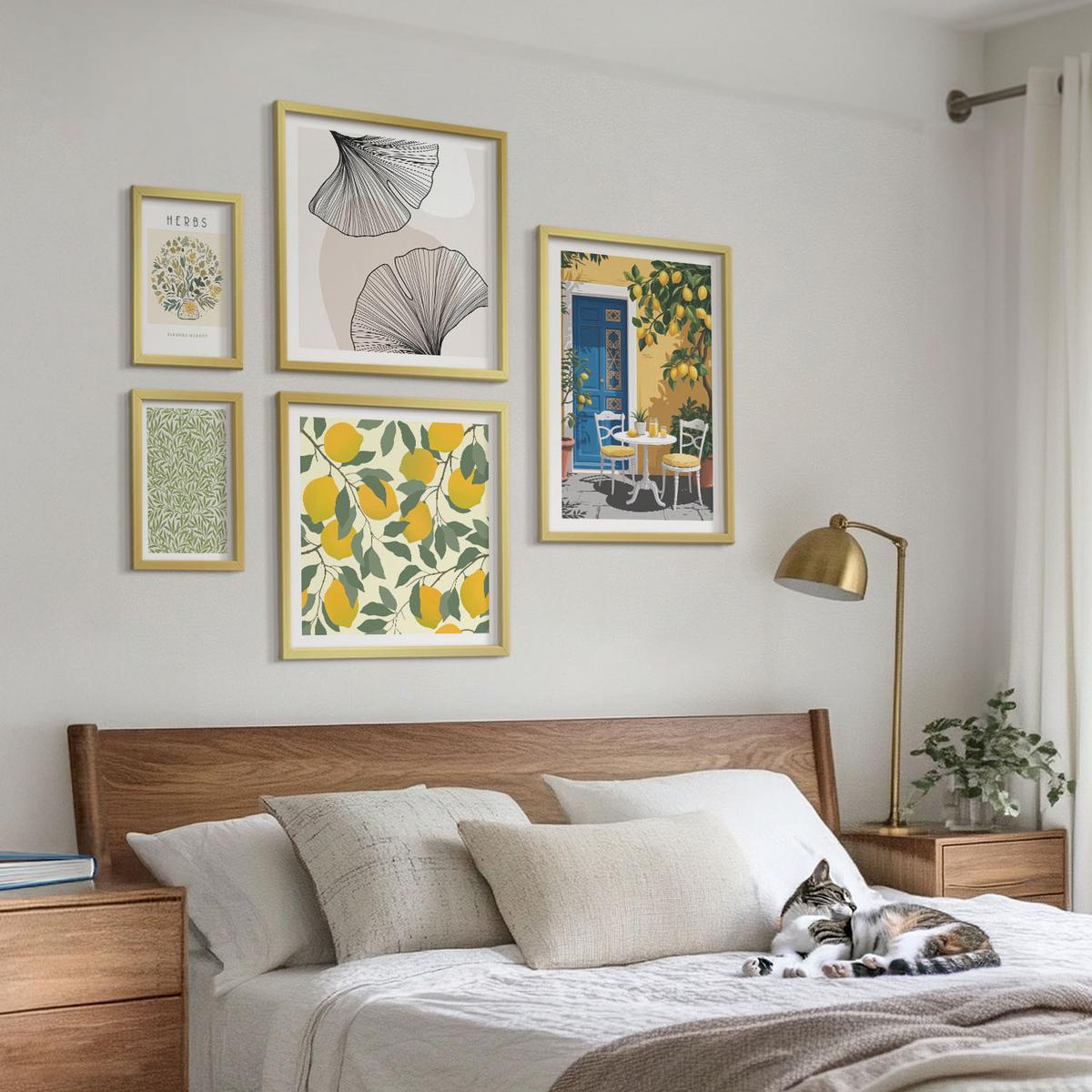 BILDER SET 5er Set - 50x50 cm & 20x30 cm & 40x60 cm Goldrahmen - Zitronenkräuter und -blätter - Goldfarben, Kunststoff (40/60cm) - TULUP