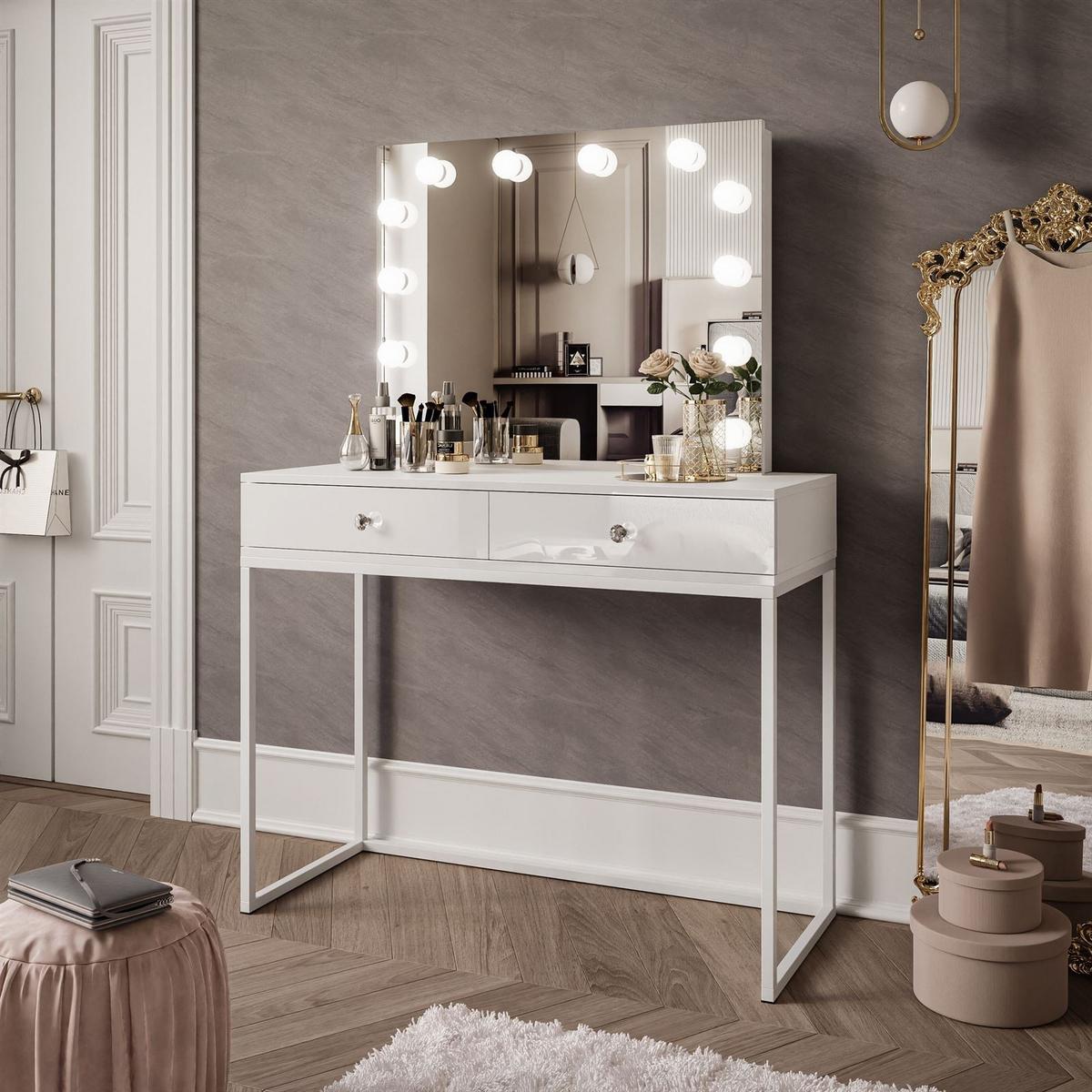 SCHMINKTISCH BLANCO LOFT ELITE mit Spiegel und Beleuchtung Weiß Hochglanz Kristallgriff - Weiß Hochglanz/Weiß, Holzwerkstoff (100/146/42cm) - Lookway