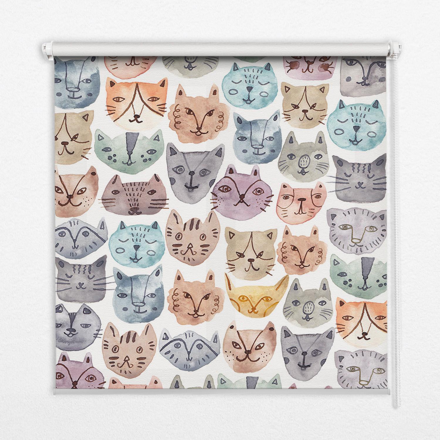 INNENROLLO - Fensterrollo - Rollo - 60x40 cm - Bunte Katzengesichter - Blau, Kunststoff (60/140/0.5cm) - TULUP