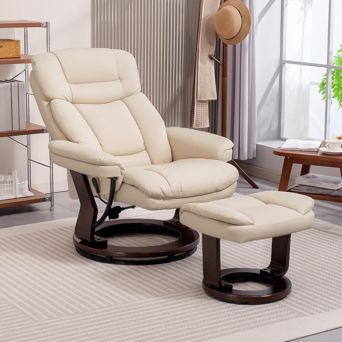 RELAXSESSEL mit Hocker drehbarer Fernsehsessel mit Liegefunktion Taschenfeder - Creme, Leder (83/107/86cm) - HOMCOM