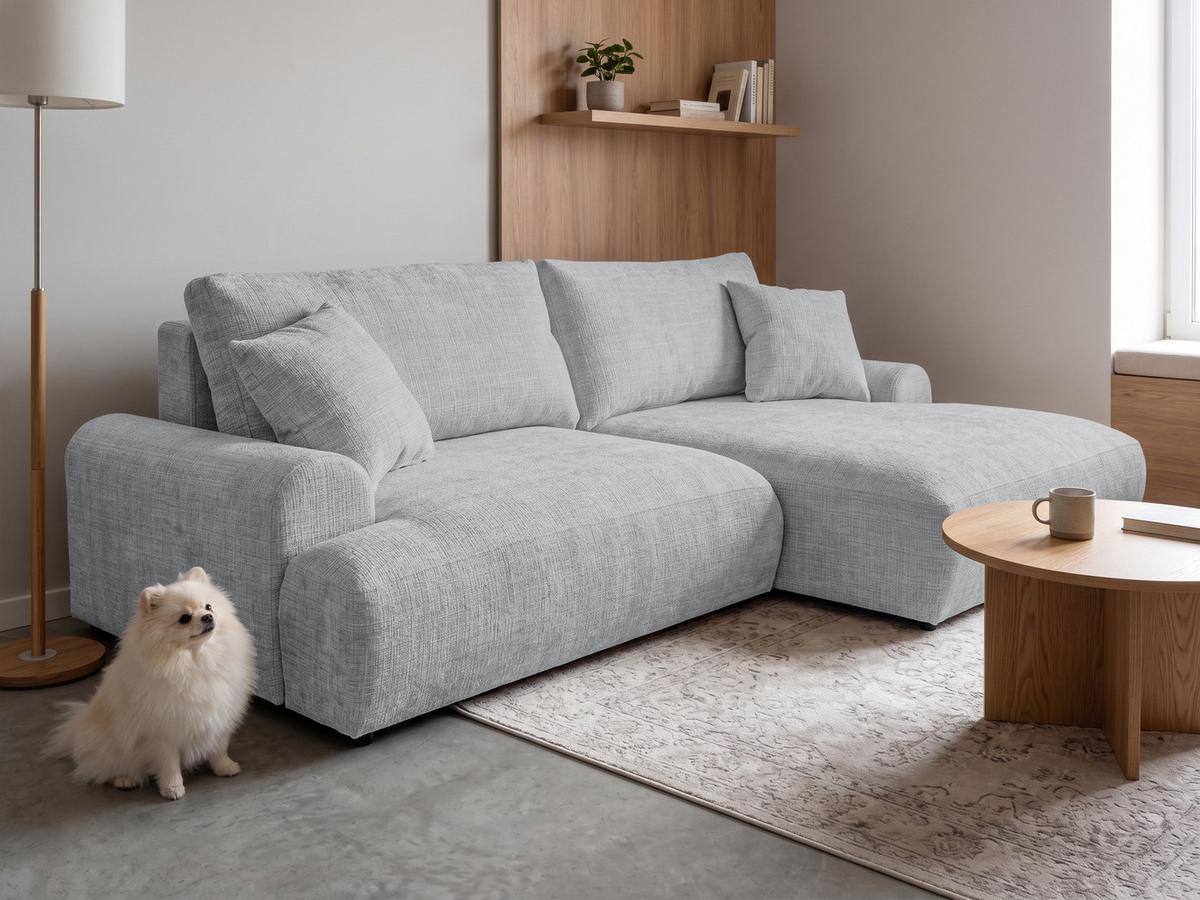 ECKSOFA Melvano mit Schlaffunktion und Bettkasten im Japandi-Stil aus weichem Hellgrau Chenille-Stoff - Hellgrau/Schwarz, Holz/Kunststoff (240/145cm) - S-Style