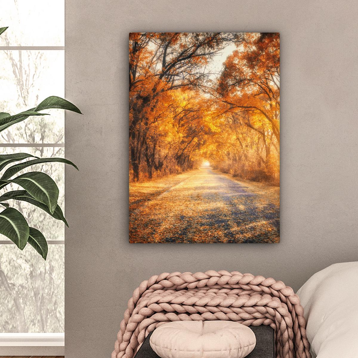 LEINWANDBILD Wald - Herbst - Bäume - Waldweg - Natur Wandbild Wohnzimmer 60x80 cm - Bernsteinfarben, Textil (60/80cm) - MuchoWow