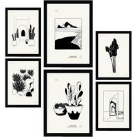 POSTER Set Mit 6 In Schwarzer Tinte Kakteen In Töpfen Künstlerische Und Abstrakte Drucke Für Innenarchitektur A3 & A4 Schwarzer Rahmen - Schwarz, Papier (29/3cm) - Nacnic
