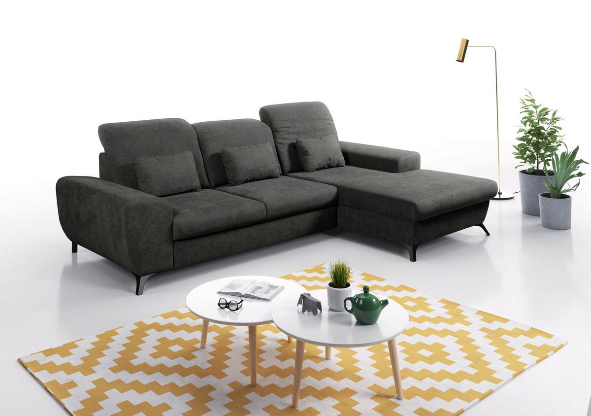 ECKSOFA LUCE R-S Grau Plüsch-Stoff mit Schlaffunktion - Grau, Holz (279/172cm) - MASSENO