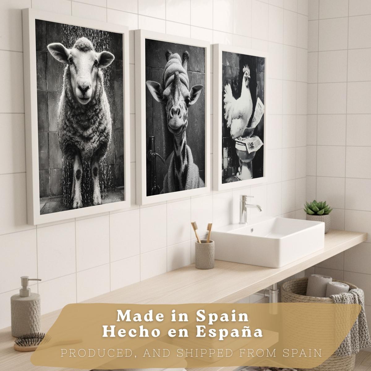 POSTER 3er-Set lustige Schwarz-Weiß-Drucke, Tiere im Badezimmer-Poster, witzige WC-Dekoration für Toilette, Vintage-Stil Weißer Rahmen A4 - Weiß, Papier (29.7/21/3cm) - Nacnic
