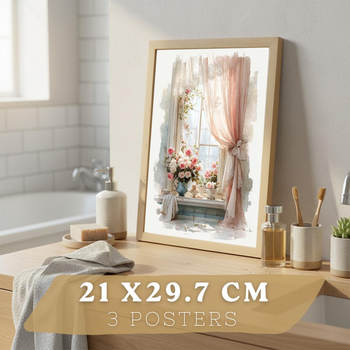 POSTER 3er-Set dekorative Badezimmerdrucke, romantischer Stil, Bilder mit Rosen, Parfums und Fenster, elegante, Wohndekoration Leichter Holzrahmen A4 - Beige, Papier (29.7/21/3cm) - Nacnic
