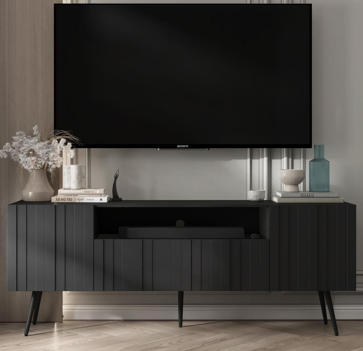 TV-SCHRANK Elpis Schwarz Matt mit Metallbeine Glamour 150 cm - Schwarz, Holzwerkstoff/Metall (150/60.5/36.5cm) - Meble Lindner