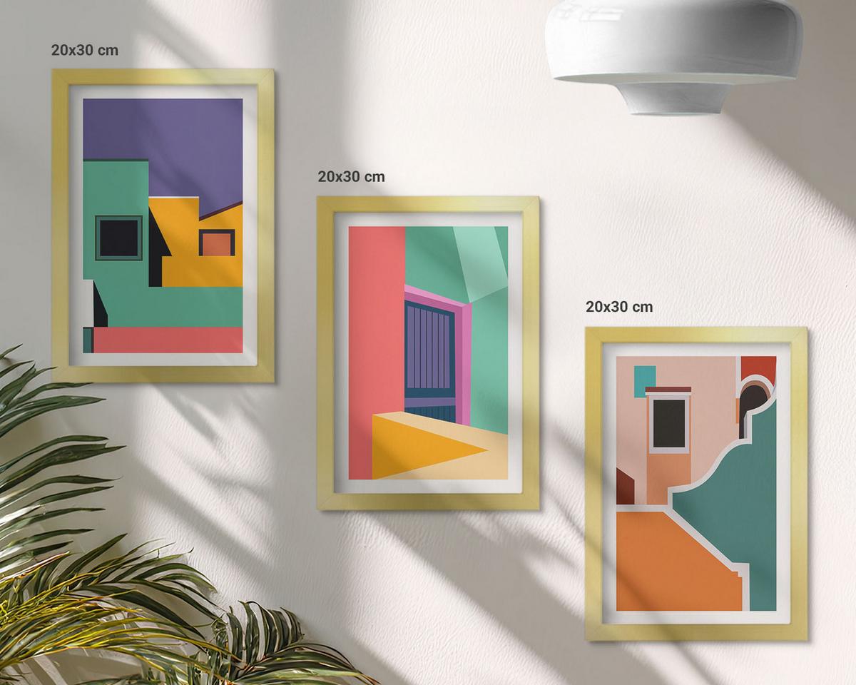 BILDER SET 3er Set - 20x30 cm Goldrahmen - Farbenfrohe Illustrationen der Stadt - Goldfarben, Kunststoff (20/30cm) - TULUP