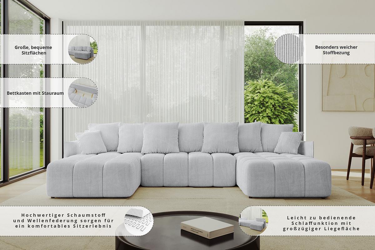 WOHNLANDSCHAFT LONLI-U 355x189x68 Braun Velours - Braun, Holzwerkstoff/Kunststoff (355/68/189cm) - ALTDECOR