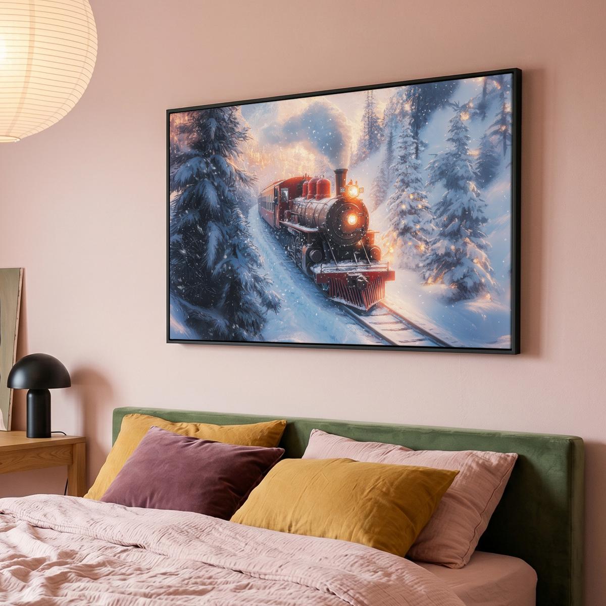 LEINWAND Bilder mit Rahmen - Weihnachtszug - Schnee - Winter - Weihnachten - 150x100 - Dunkelrot, Textil (150/100cm) - MuchoWow