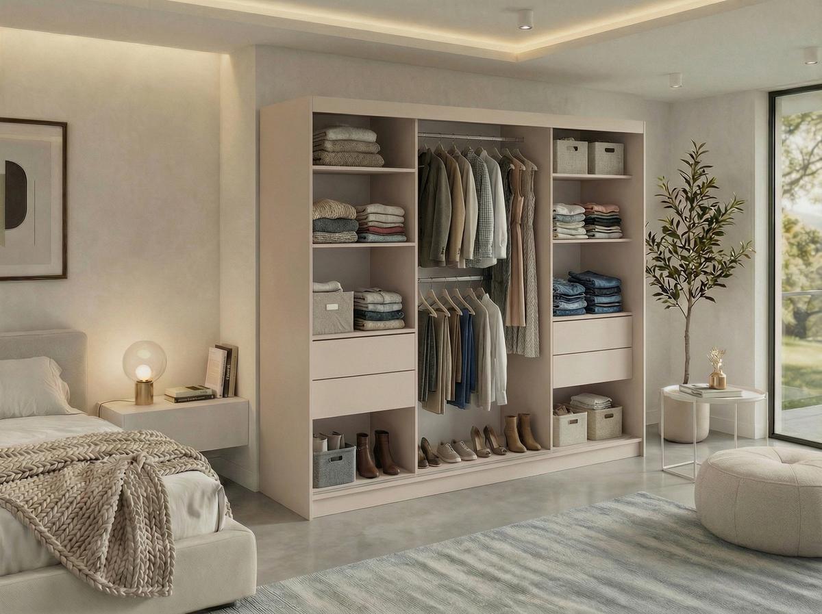 SCHWEBETÜRENSCHRANK mit Schubladen 240 - MACEDONIA - Kaschmir - Kaschmir/Alufarben, Holzwerkstoff/Metall (240/216/61cm) - MKS