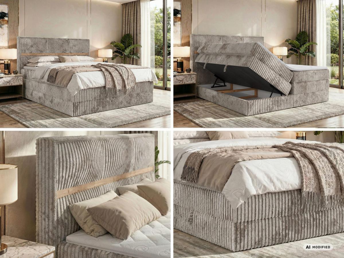 BOXSPRINGBETT ORVO KING 140/200 - Hellbraun Cord - Topper Visco - H3 - Hellbraun/Schwarz, Kunststoff/Textil (140/200cm) - MKS