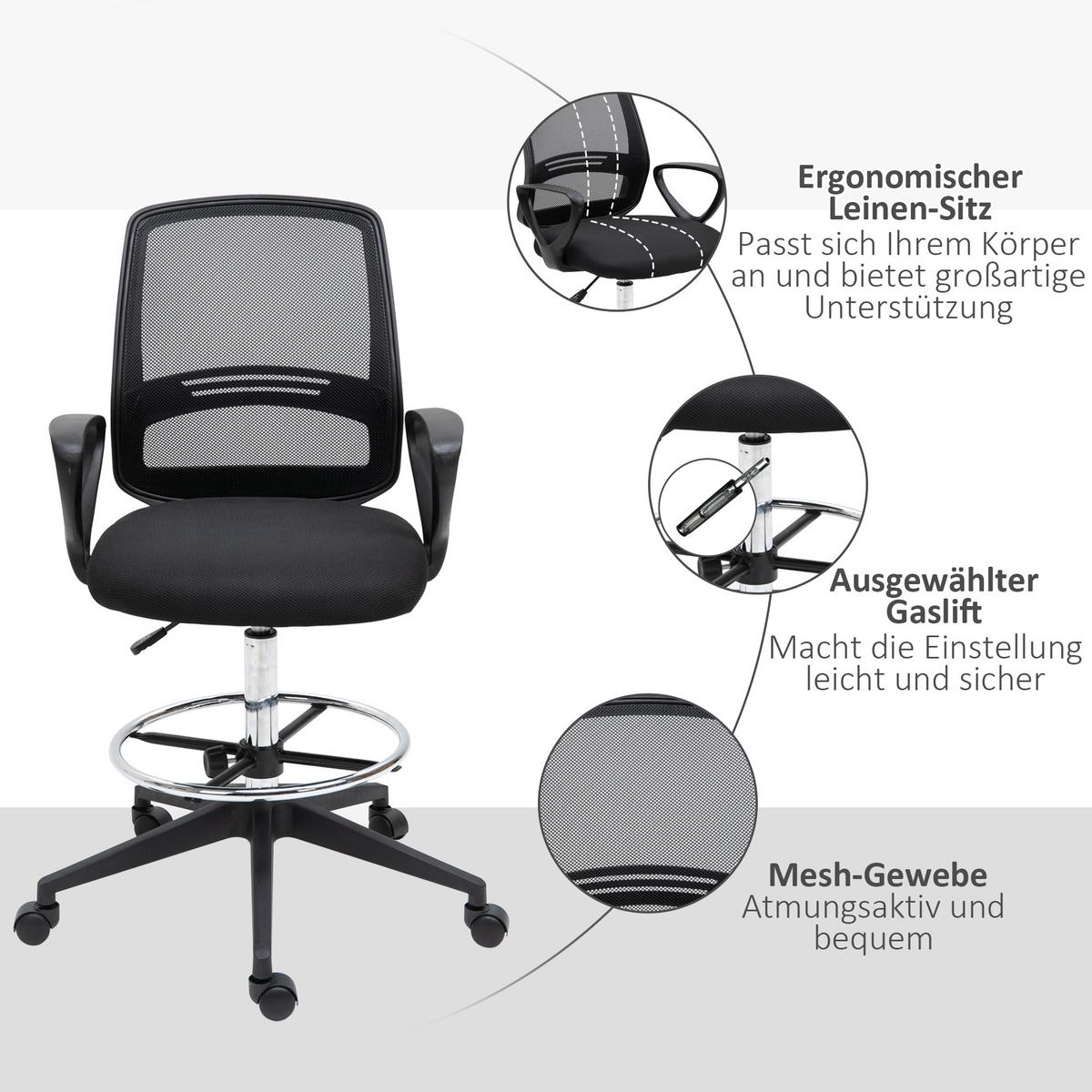 ARBEITSSTUHL Ergonomischer Drehstuhl Bürostuhl höhenverstellbar mit Fußstütze - Schwarz, Textil (66/120/68cm) - Vinsetto