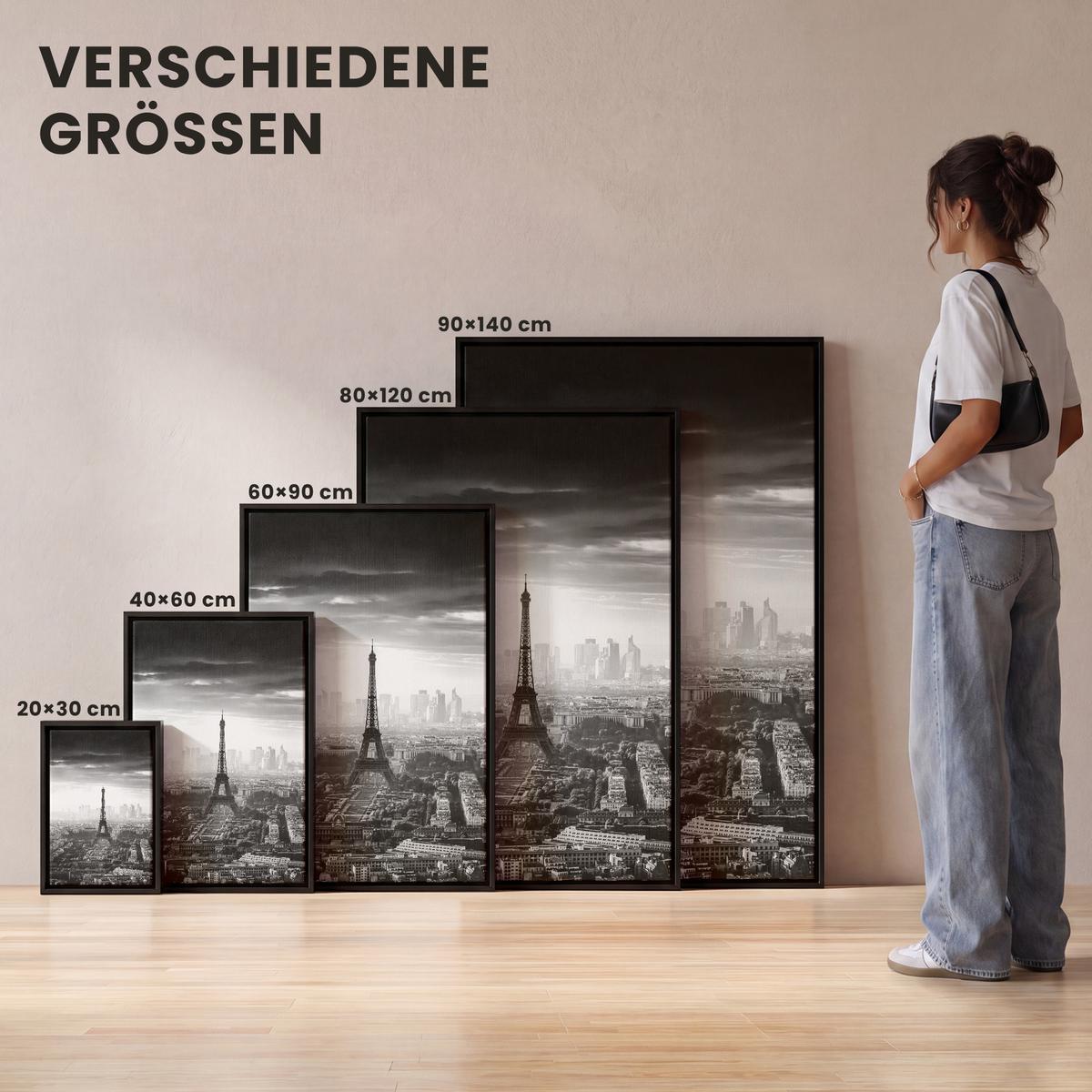 LEINWAND Bilder mit Rahmen - Paris - Skyline - Eiffelturm - Stadt - Wolken - 100x150 - Dunkelgrau, Textil (100/150cm) - MuchoWow