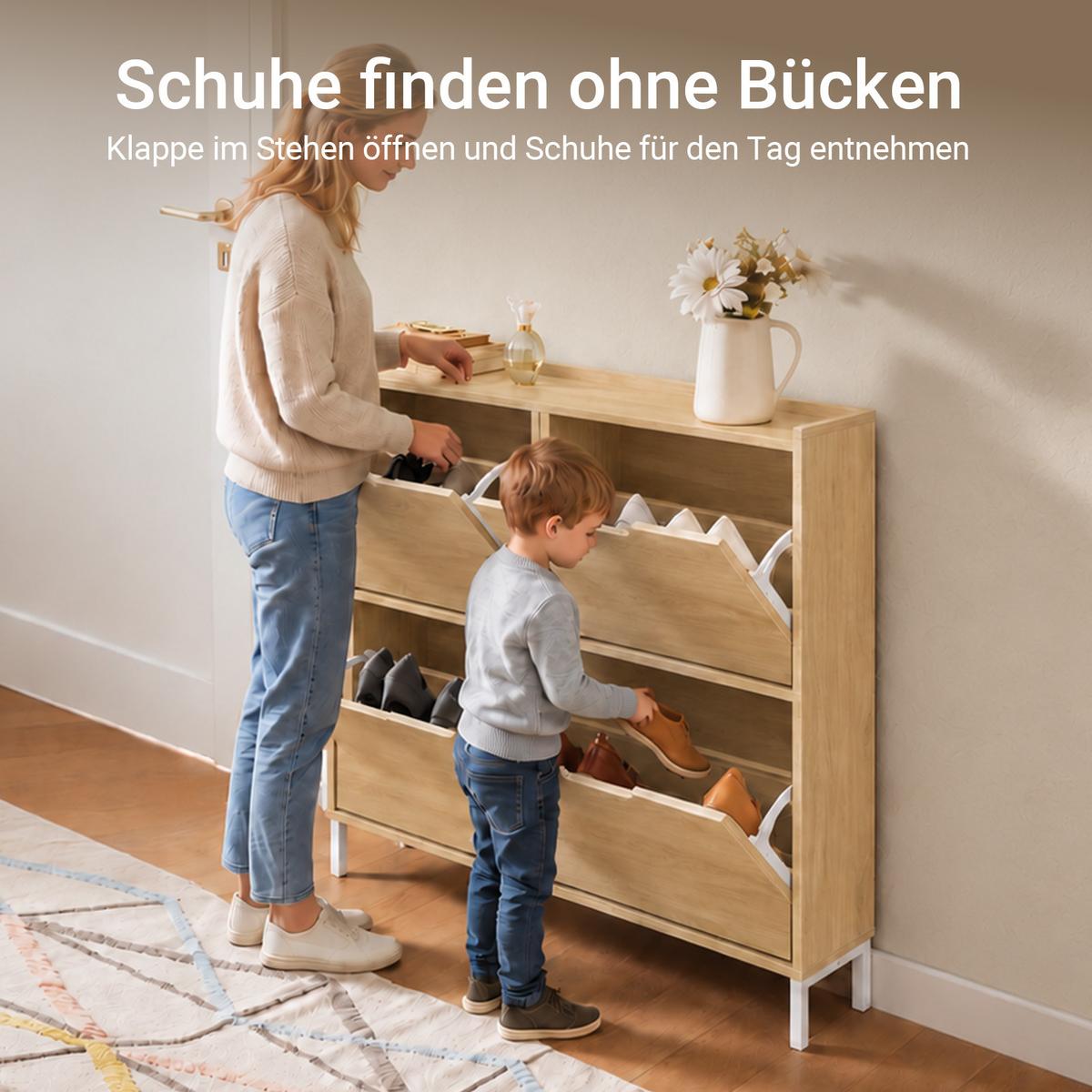 SCHUHSCHRANK, Natur, 100x91x19 cm, 4 Klappen, nur 19 cm tief, Flur & Diele - Naturfarben, Holzwerkstoff/Metall (100/90/19cm) - SoBuy