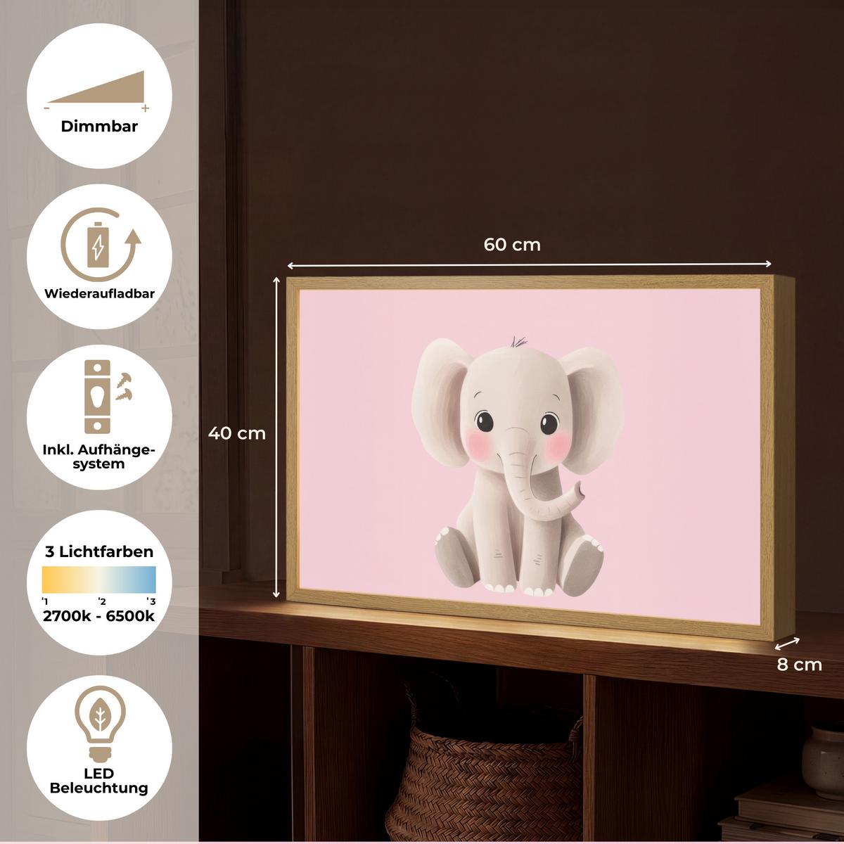 WANDLEUCHTE MIT AKKU Elefant - Baby - Rosa - Cartoon 60x40 cm - Hellrosa, Holzwerkstoff (60/40/8cm) - OnlyWow