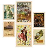 POSTER Set Mit 6 Europäische Länder Vollfarbige Illustrationen Von Vintage Tourismus Werbetafeln Aus Der Ganzen Welt A3 & A4 Rahmen Aus Hellem Holz - Beige, Papier (29/3cm) - Nacnic