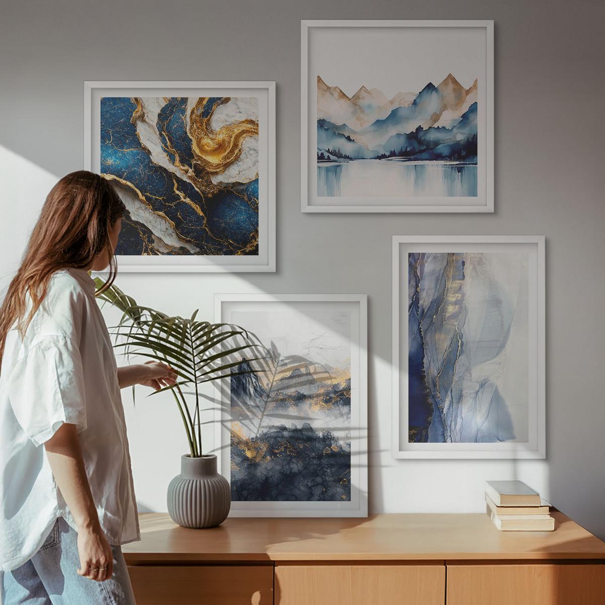 BILDER SET 4er Set - 50x50 cm & 40x60 cm Weißer Rahmen - Blaue Berglandschaften - Weiß, Kunststoff (50/50cm) - TULUP