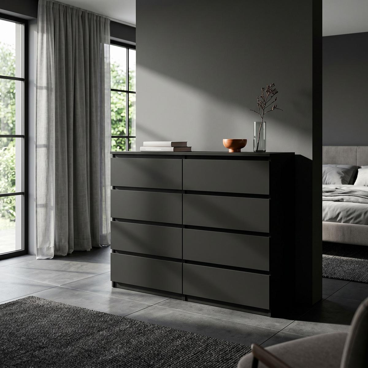 KOMMODE NUDO 138,5/101,5/39cm mit 8 Schubladen Türen Schwarz - Schwarz, Holzwerkstoff (138.5/101.5/39cm) - MASSENO