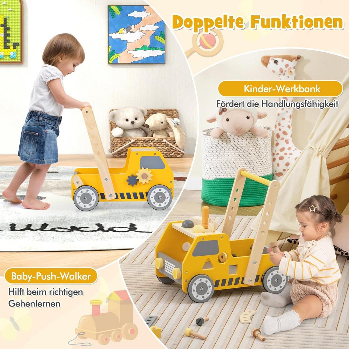 LAUFLERNWAGEN Gelb - Gelb, Holz (41/42/31cm) - COSTWAY