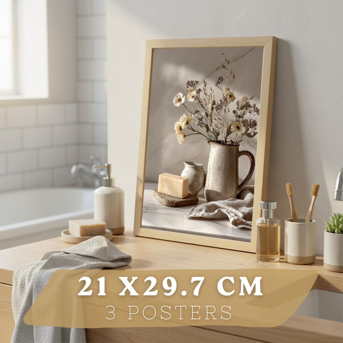 POSTER 3er-Set dekorative Badezimmer Kunstdrucke, Zen-Spa-Stil, minimalistische Bilder mit Steinen, Kerzen und Blumen, Leichter Holzrahmen A4 - Beige, Papier (29.7/21/3cm) - Nacnic