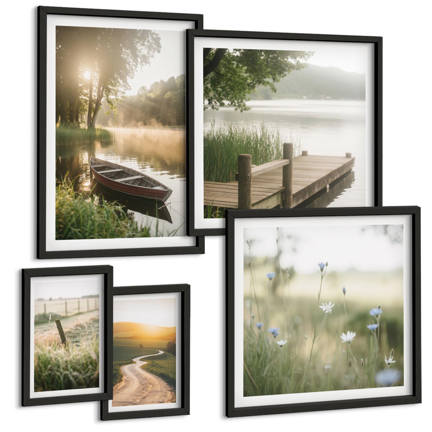 BILDER SET 5er Set - 50x50 cm & 20x30 cm & 40x60 cm Schwarzer Rahmen - Libellen im Gras, Wassermalerei - Schwarz, Kunststoff (40/60cm) - TULUP