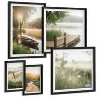 BILDER SET 5er Set - 50x50 cm & 20x30 cm & 40x60 cm Schwarzer Rahmen - Libellen im Gras, Wassermalerei - Schwarz, Kunststoff (40/60cm) - TULUP