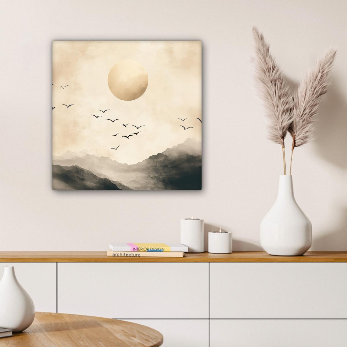 LEINWANDBILD Landschaft - Japandi - Vogel Wandbild Wohnzimmer 50x50 cm - Beige, Textil (50/50cm) - MuchoWow