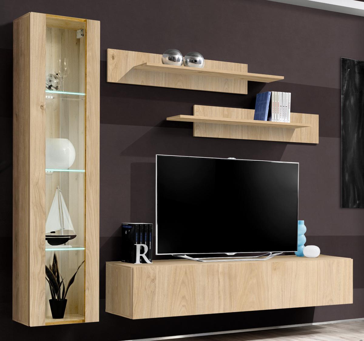 WOHNWAND Eiche Jackson 210 cm 4-teilig hängend, Anbauwand mit LED-Beleuchtung - Eichefarben, Glas/Holzwerkstoff (210/170/40cm) - Inn.Furn