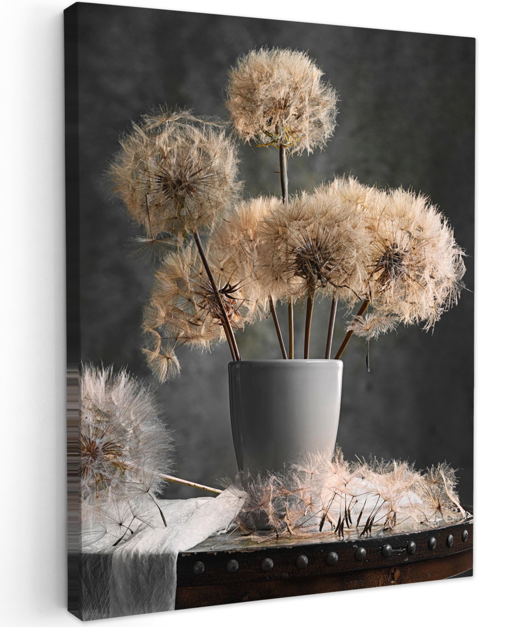 LEINWANDBILD Blumensamen - Löwenzahn - Vase - Stilleben - Blumenstrauß Room Decor 30x40 cm - Dunkelgrau, Textil (30/40cm) - MuchoWow