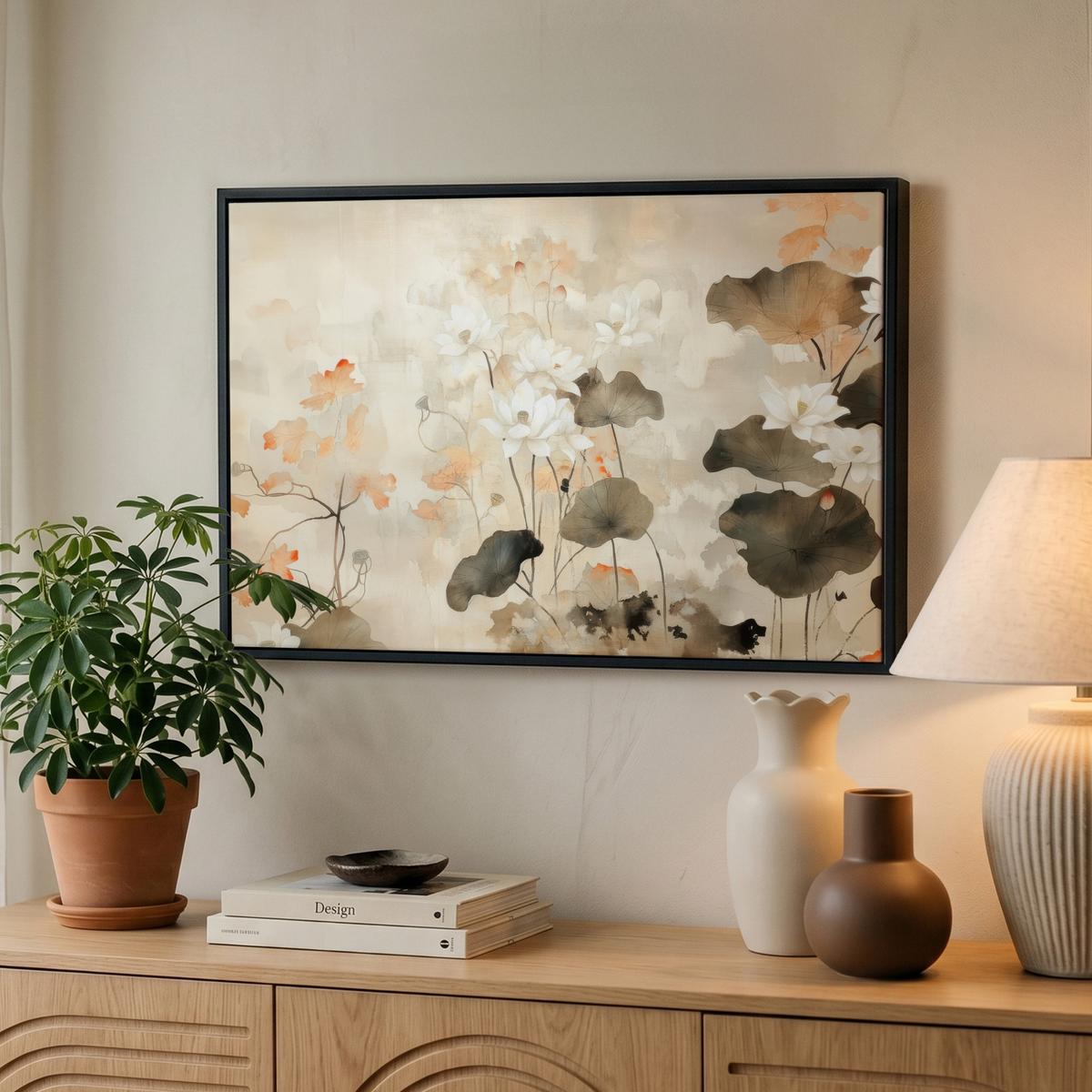 LEINWAND Bilder mit Rahmen - Blumen - Japandi - Wabi sabi - 60x40 - Sandfarben, Textil (60/40cm) - MuchoWow