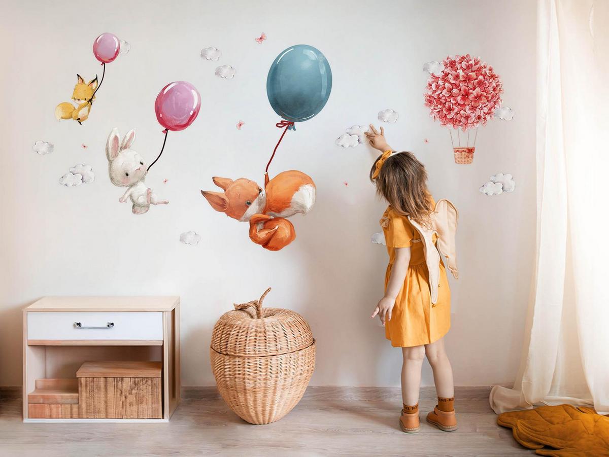 WANDAUFKLEBER 60x76cm - Tiere mit Luftballons - Multicolor, Kunststoff (60/76/0.1cm) - Wallfluent