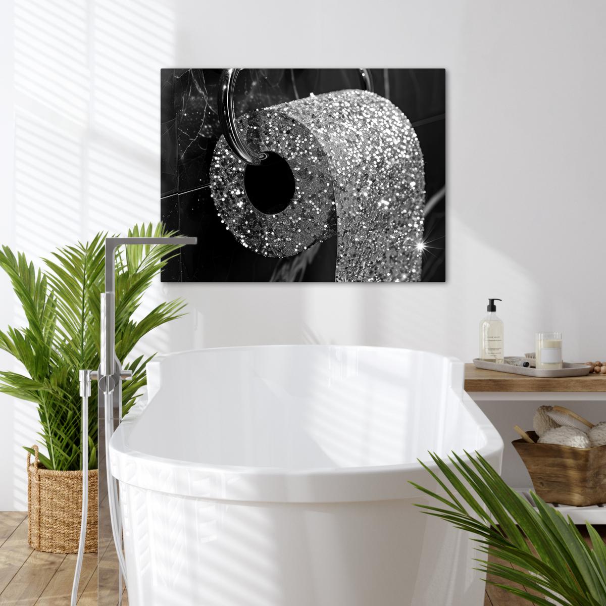 LEINWANDBILD WC - Toilettenpapier - Schwarz und weiß - Glitter Wanddeko Schlafzimmer 70x50 cm - Silberfarben, Textil (70/50cm) - MuchoWow