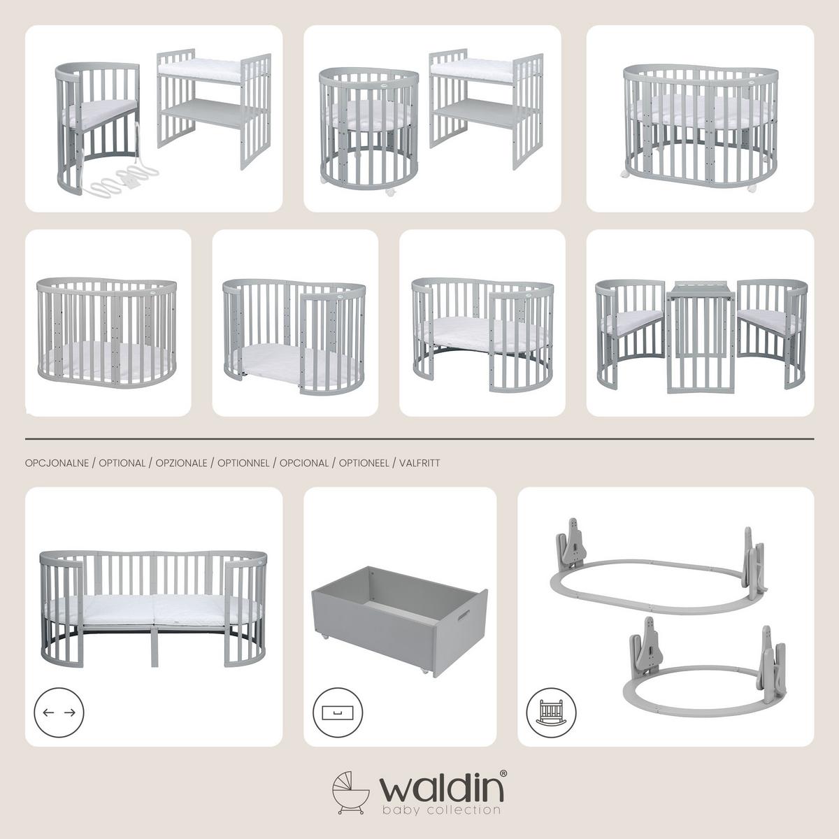 BABYBETT GREY OVAL 7in1 mit Matratze - Grau, Holz/Textil (73/125cm) - waldin