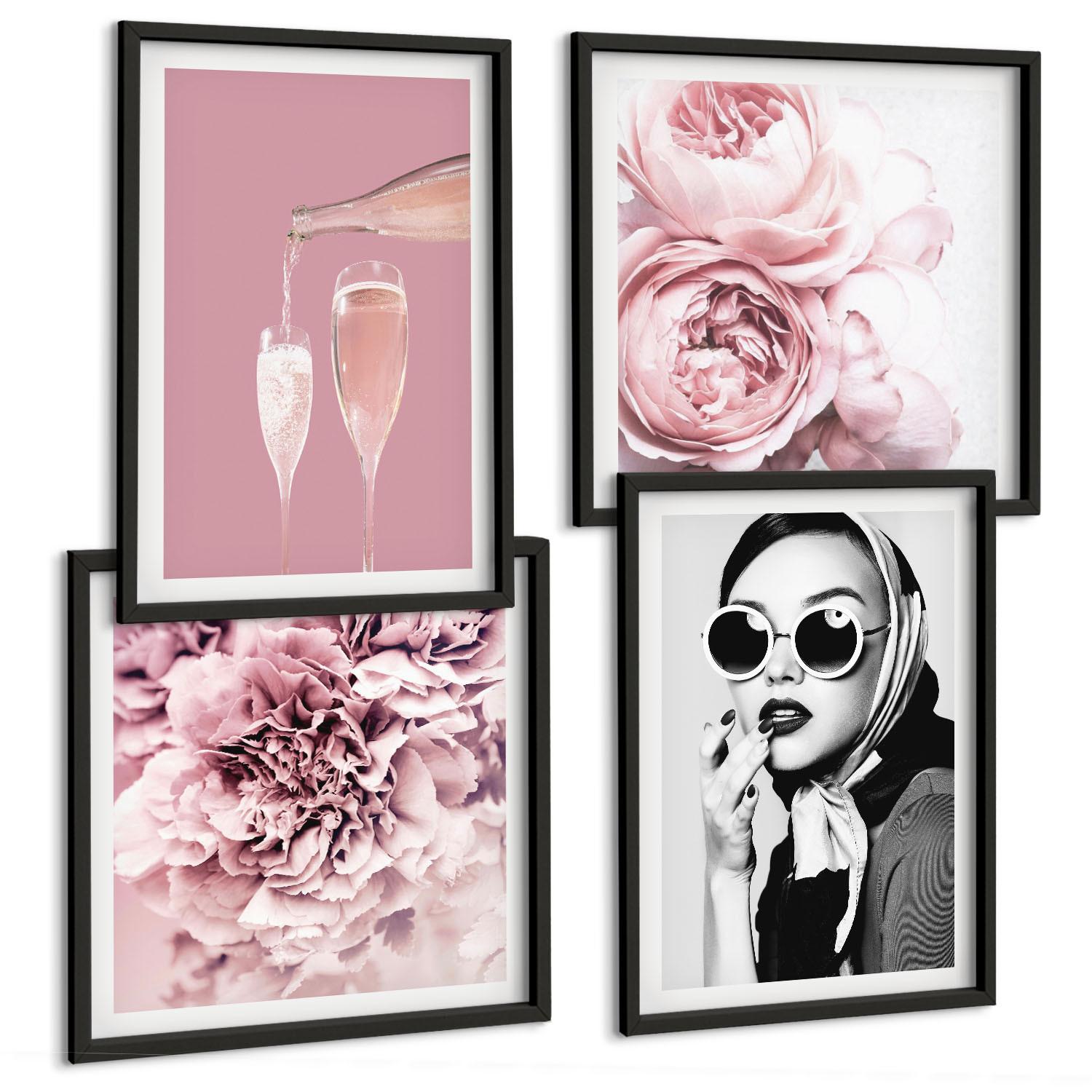 BILDER SET 4er Set - 50x50 cm & 40x60 cm Schwarzer Rahmen - Blumen, Pfingstrosen, Rosen, Eleganz - Schwarz, Kunststoff (50/50cm) - TULUP