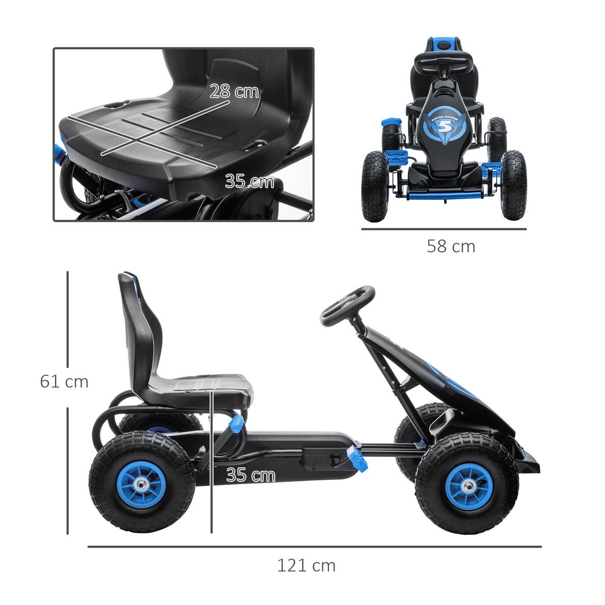 GOKART, Kinderfahrzeug mit verstellbarem Schalensitz, Tretauto, Grün+Schwarz - Blau, Metall (121/58/61cm) - HOMCOM