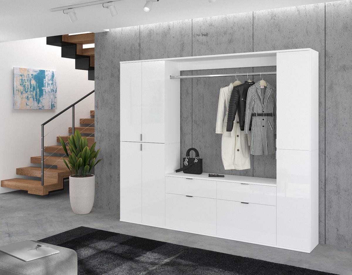 GARDEROBENSCHRANK weiß Hochglanz 212 cm, 21 Fächer, Schuhschrank - Chromfarben/Weiß Hochglanz, Holzwerkstoff/Metall (212/193/34cm) - Inn.Furn