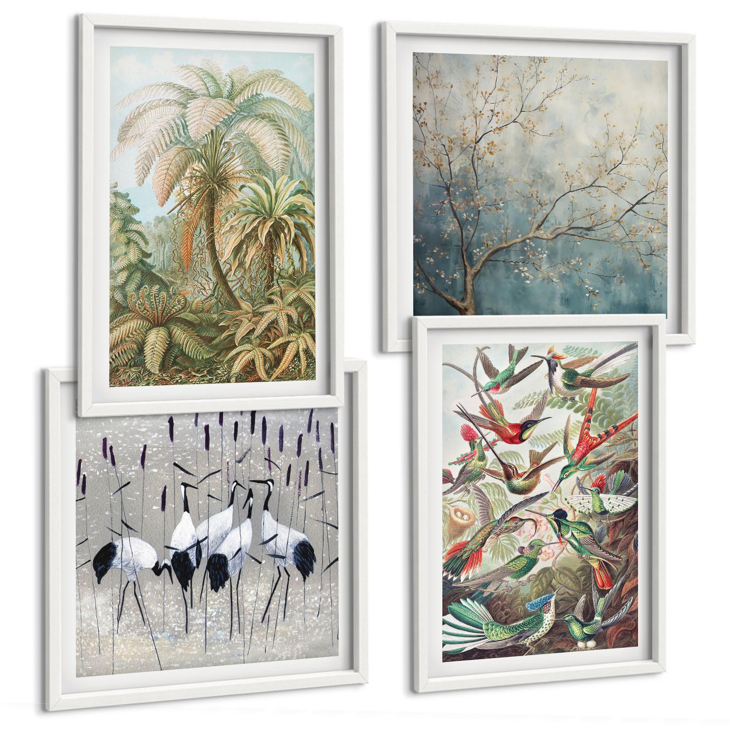BILDER SET 4er Set - 50x50 cm & 40x60 cm Weißer Rahmen - Tropische Pflanzen, Vögel, Natur - Weiß, Kunststoff (50/50cm) - TULUP