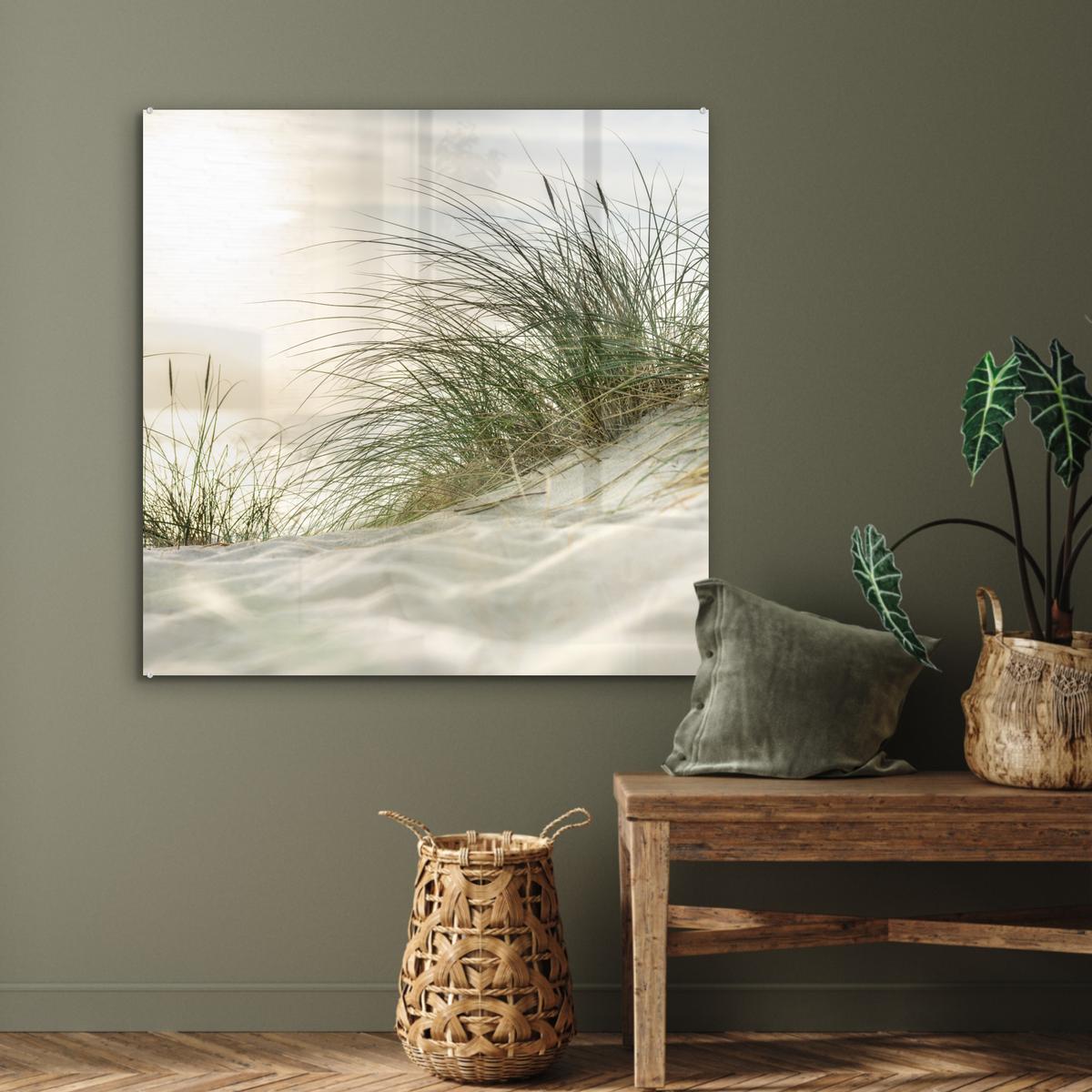 ACRYLGLASBILD Dünen mit Strandhafer in der Sonne des Nationalparks Schleswig-Holsteinisches Wattenmeer 90x90 cm - Creme, Glas (90/90cm) - MuchoWow
