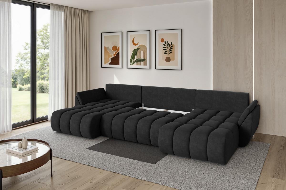 WOHNLANDSCHAFT mit Schlaffunktion und Bettkasten TOKO-U-v1 378x194x86 Schwarz Velours - Schwarz, Holzwerkstoff/Kunststoff (378/86/194cm) - ALTDECOR